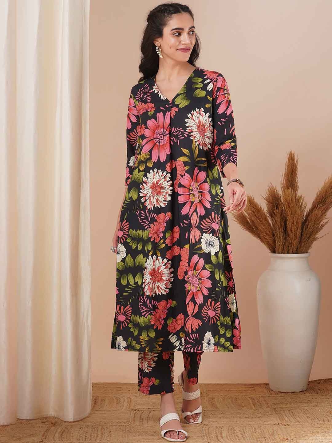 

FASHOR Black and Pink Printed Pure Cotton Tunic With Trousers