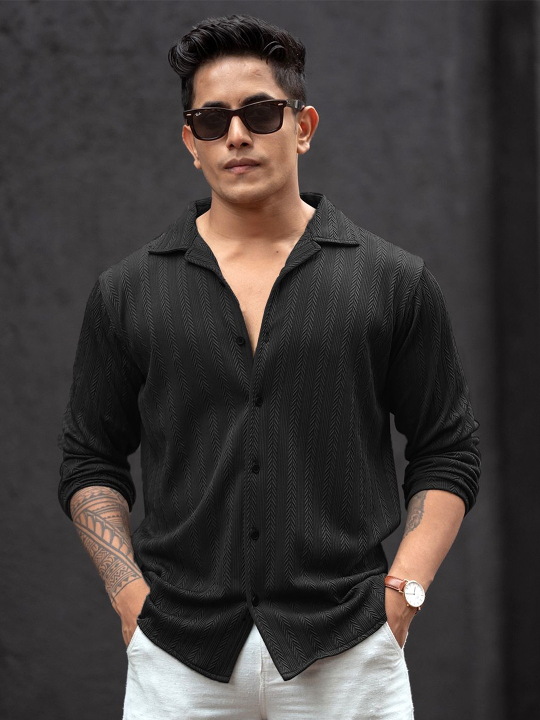 

Powerlook Men Cuban Collar Textured Cotton Relaxed Fit Casual Shirt, Black