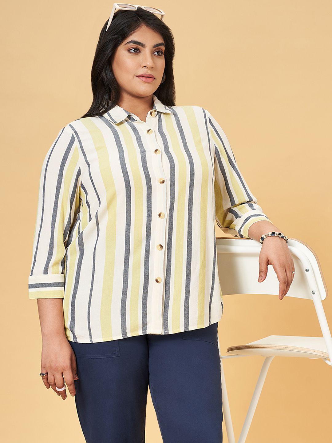 

Honey Curvytude by Pantaloons Women Striped Shirt Style Top, Yellow