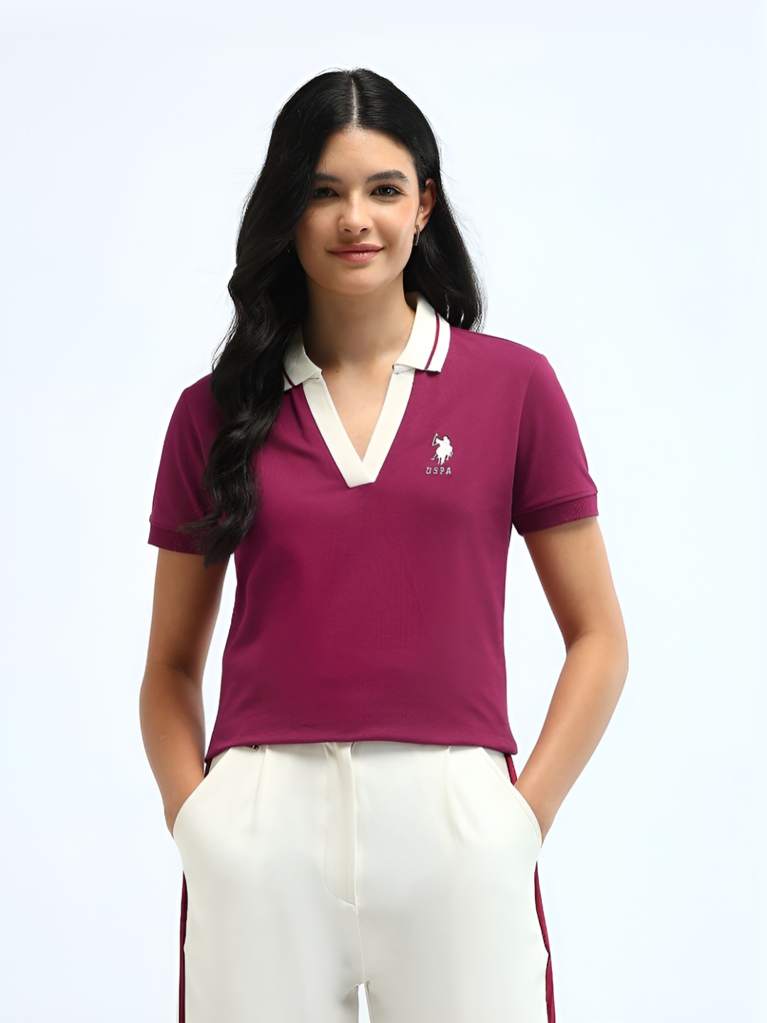 

U.S. Polo Assn. Women Solid Polo Collar Cotton T-shirt, Burgundy