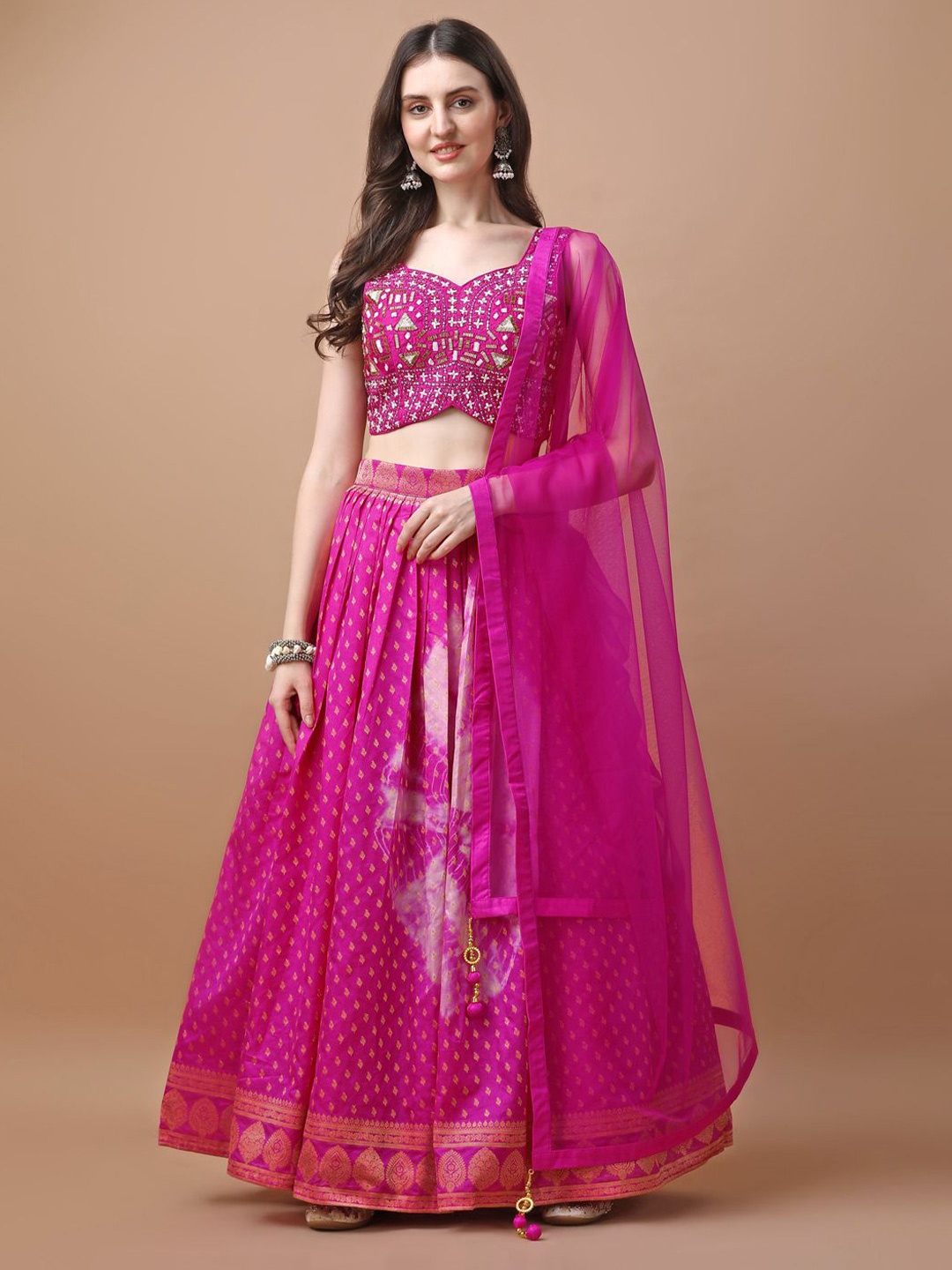 

VANAKARA Embroidered Mirror Work Ready to Wear Lehenga & Blouse With Dupatta, Pink