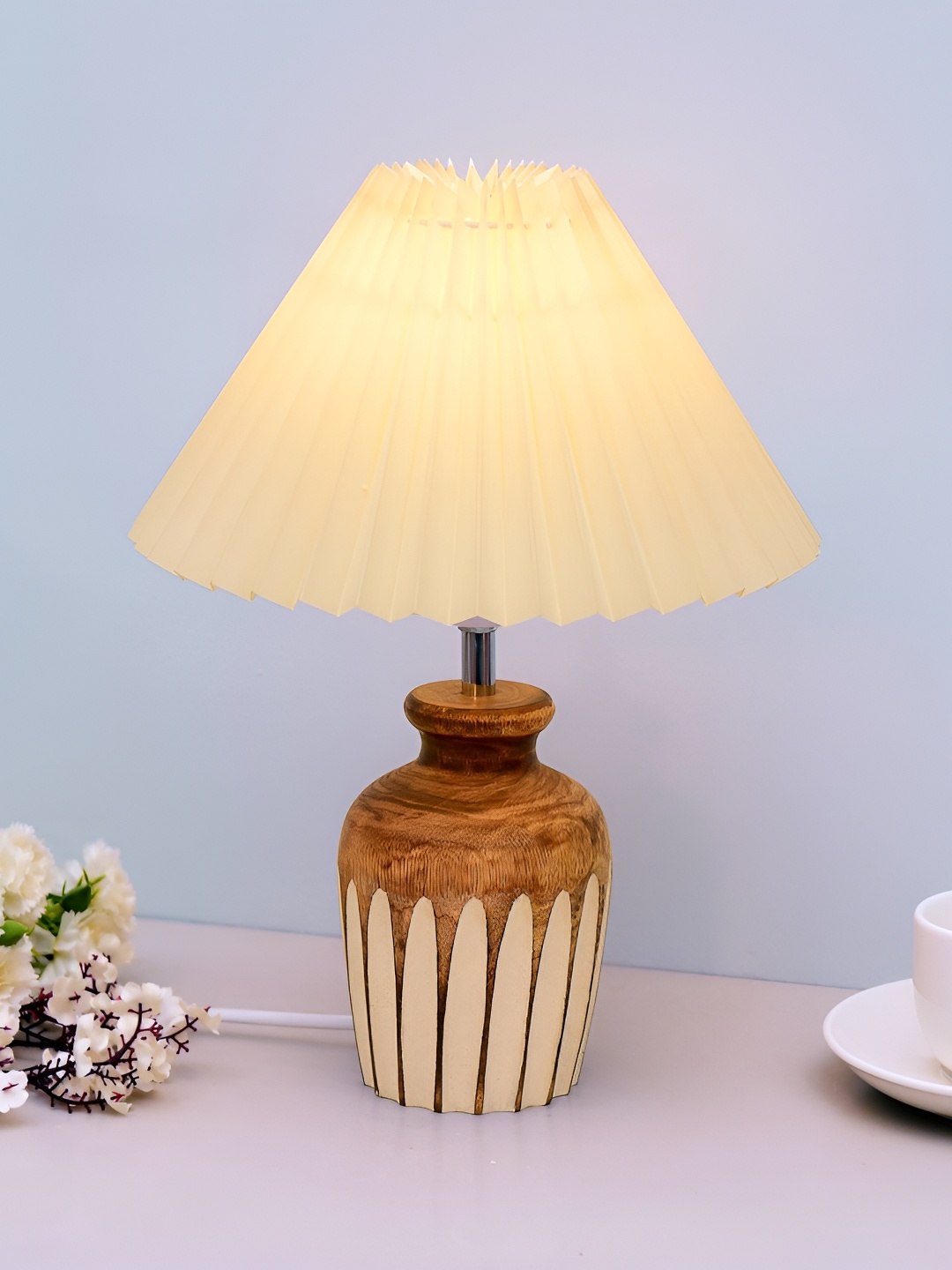 

Homesake Off White and Brown Textured Wooden Contemporary Frusturical Shaped Table Lamp