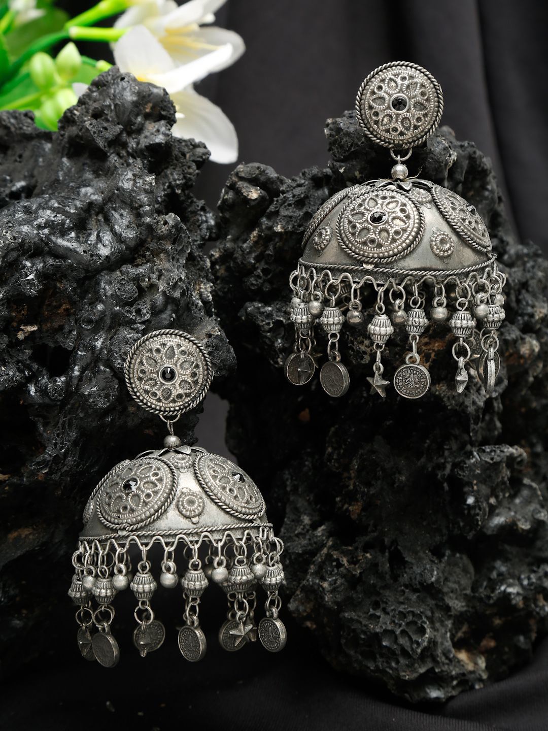 

YouBella Silver-Plated Oxidised Contemporary Jhumkas Earrings