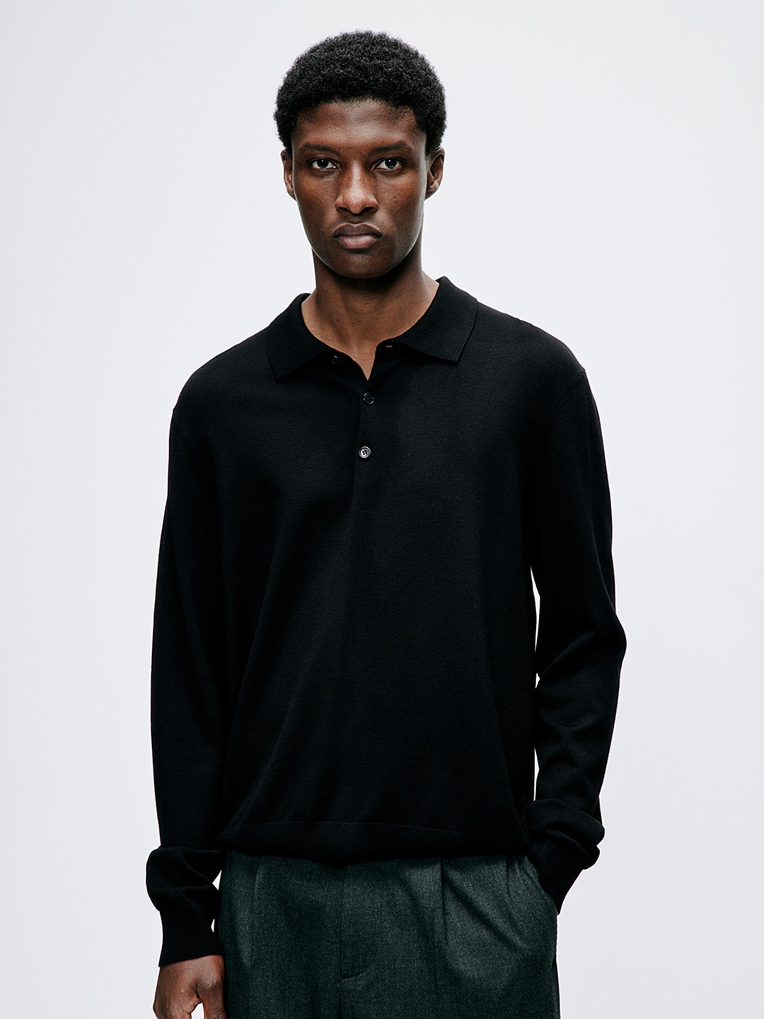 

H&M Men Slim Fit Fine-Knit Polo Tshirts, Black
