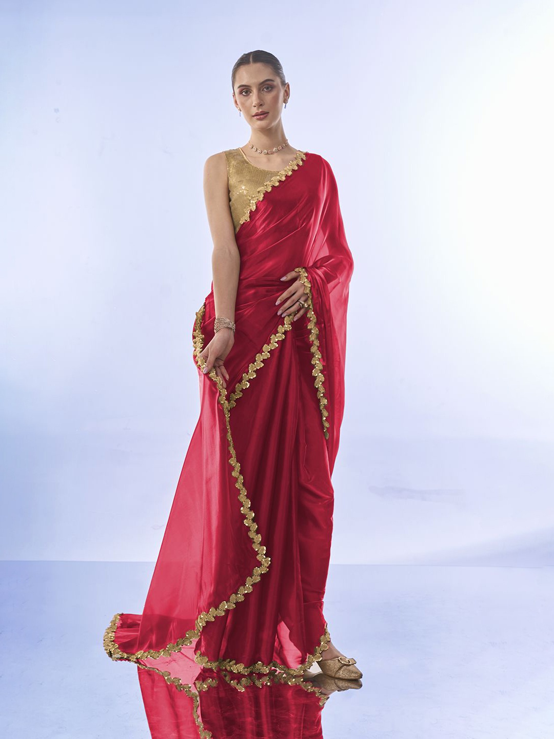 

Mitera Embellished Sequinned Organza Ready to Wear Saree, Red