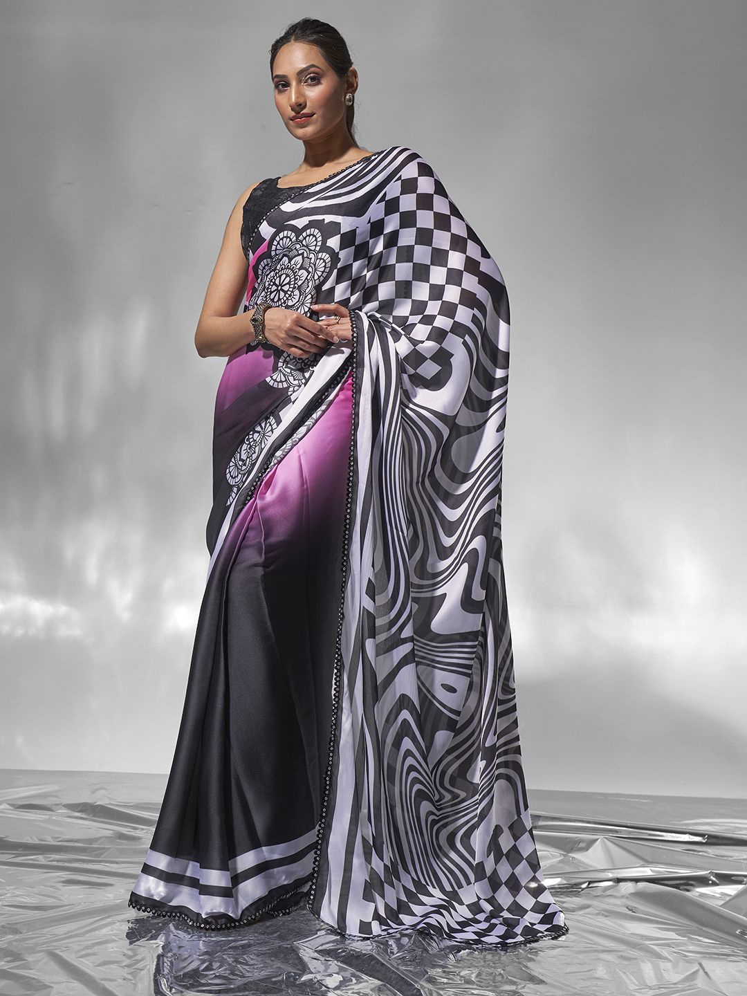 

Mitera Abstract Printed Satin Ready to Wear Saree, Black