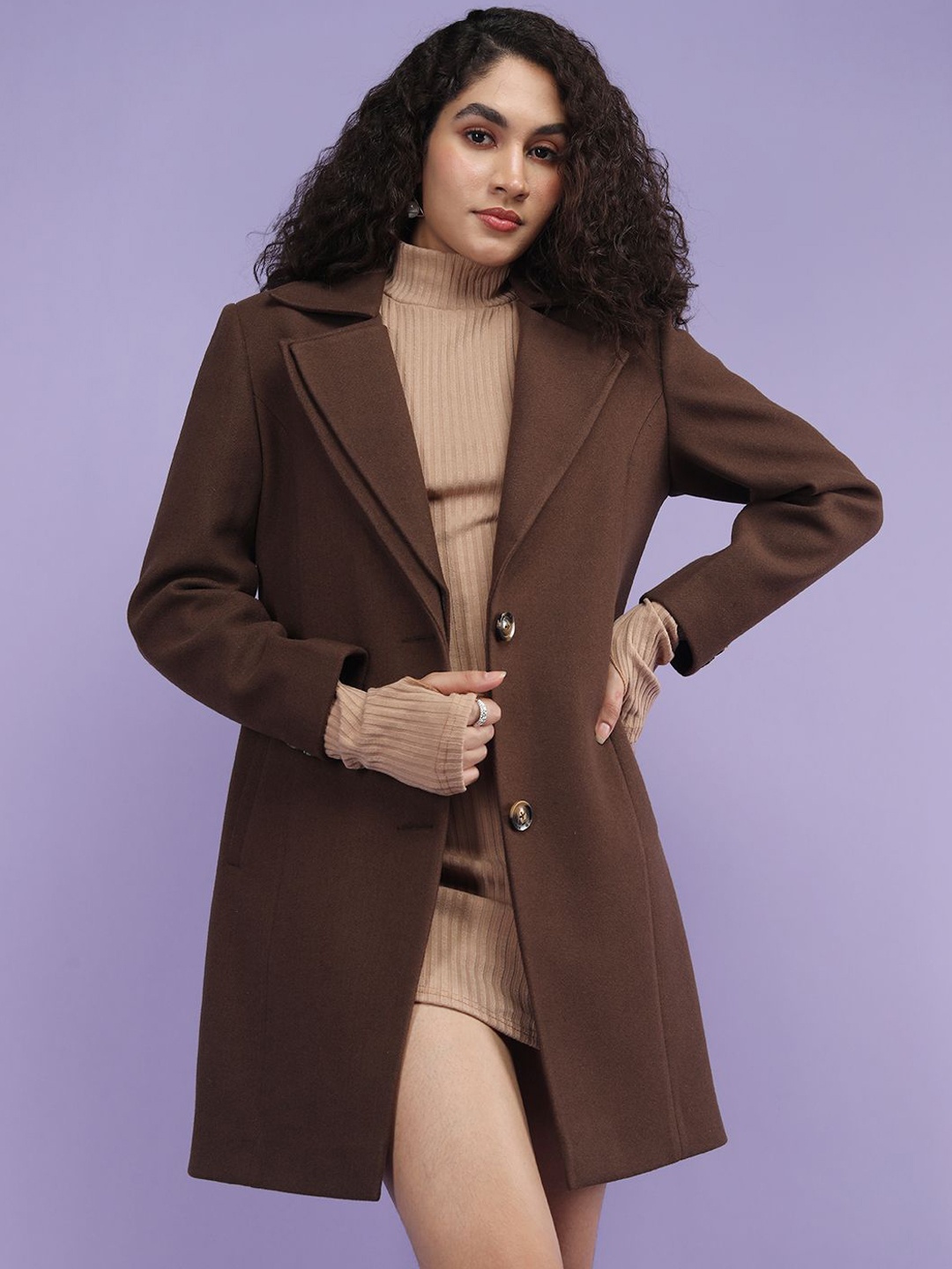 

Plagg Women Notched Lapel Collar Single-Breasted Overcoat, Brown