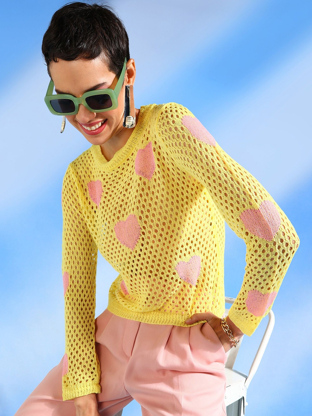 

SHECZZAR Women Self Design Cotton Crop Top, Yellow