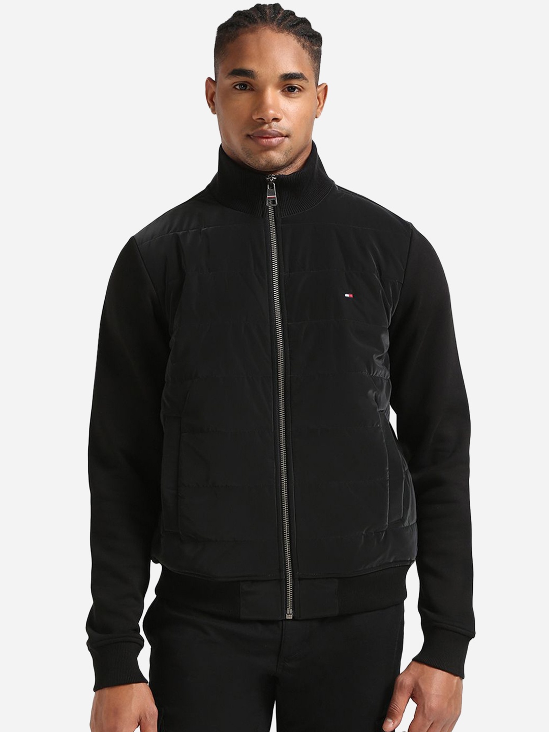 

Tommy Hilfiger Men Mock Collar Solid Cotton Casual Bomber Jacket, Black