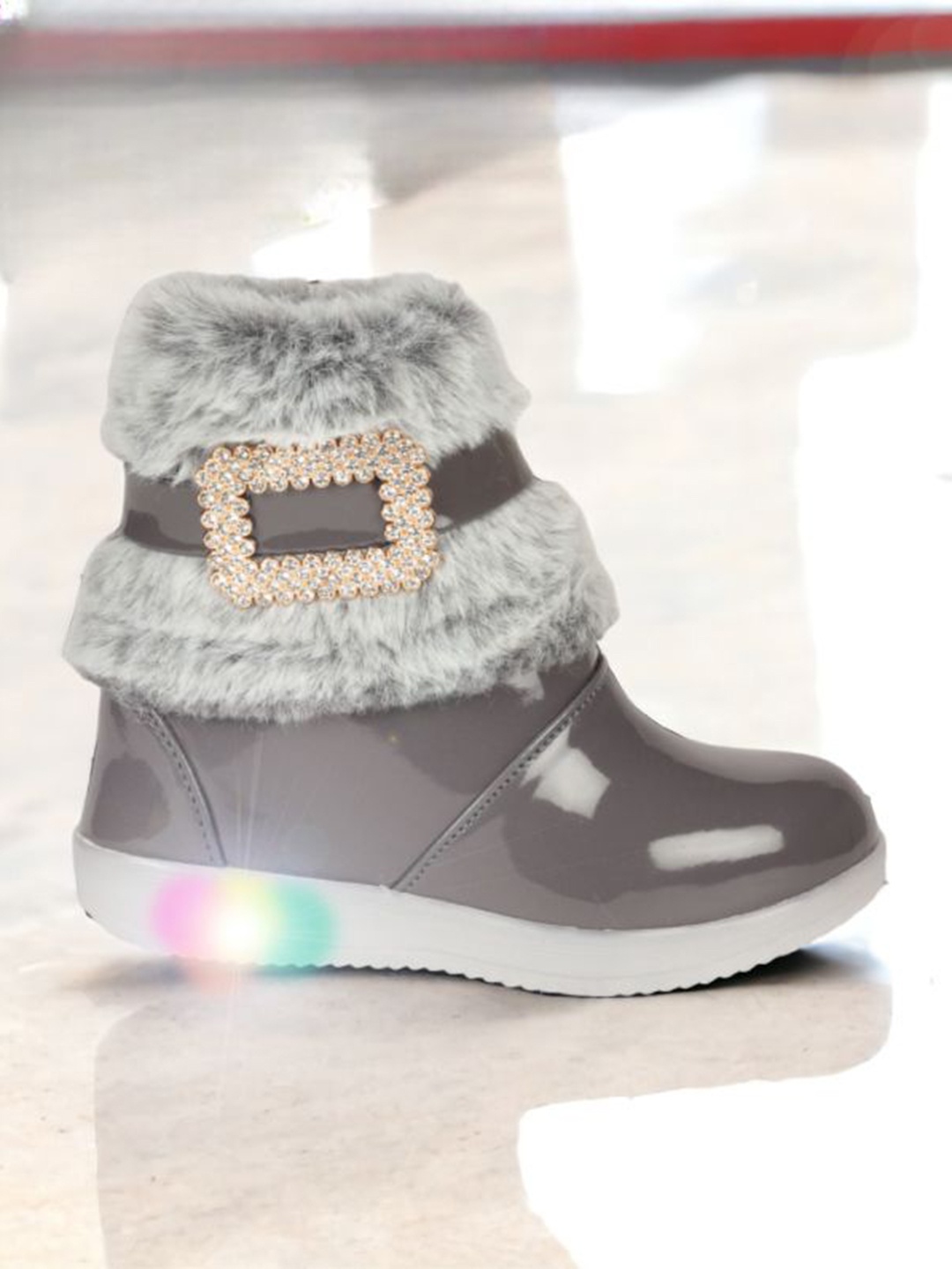 

Lil Lollipop Girls Faux Fur Trim Printed Boots With Led Light, Grey