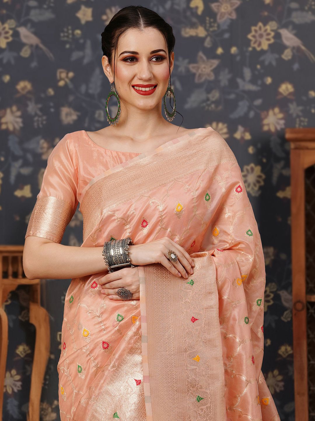 

House of Pataudi Woven Design Organza Banarasi Saree, Peach