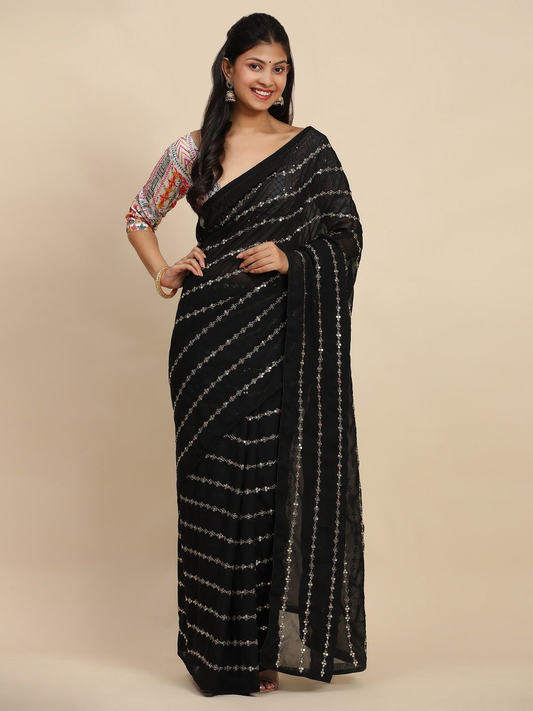 

Suha Embellished Embroidered Sequinned Saree, Black