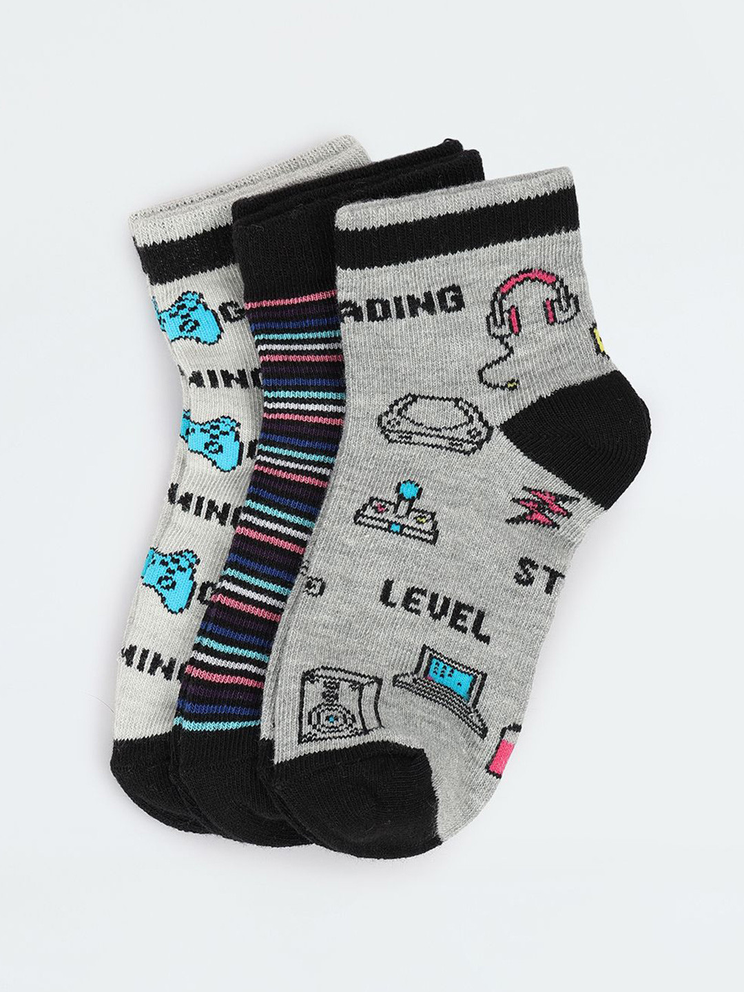 

max Boys Pack Of 3 Cotton Patterned Ankle-Length Socks, Black