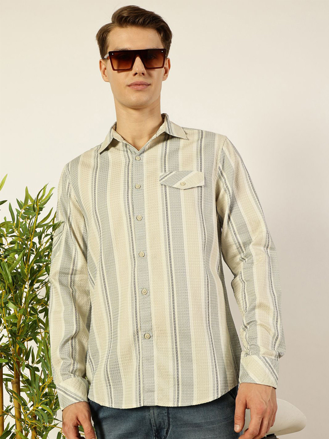 

VALEN CLUB Men Premium Spread Collar Vertical Striped Cotton Slim Fit Casual Shirt, Beige