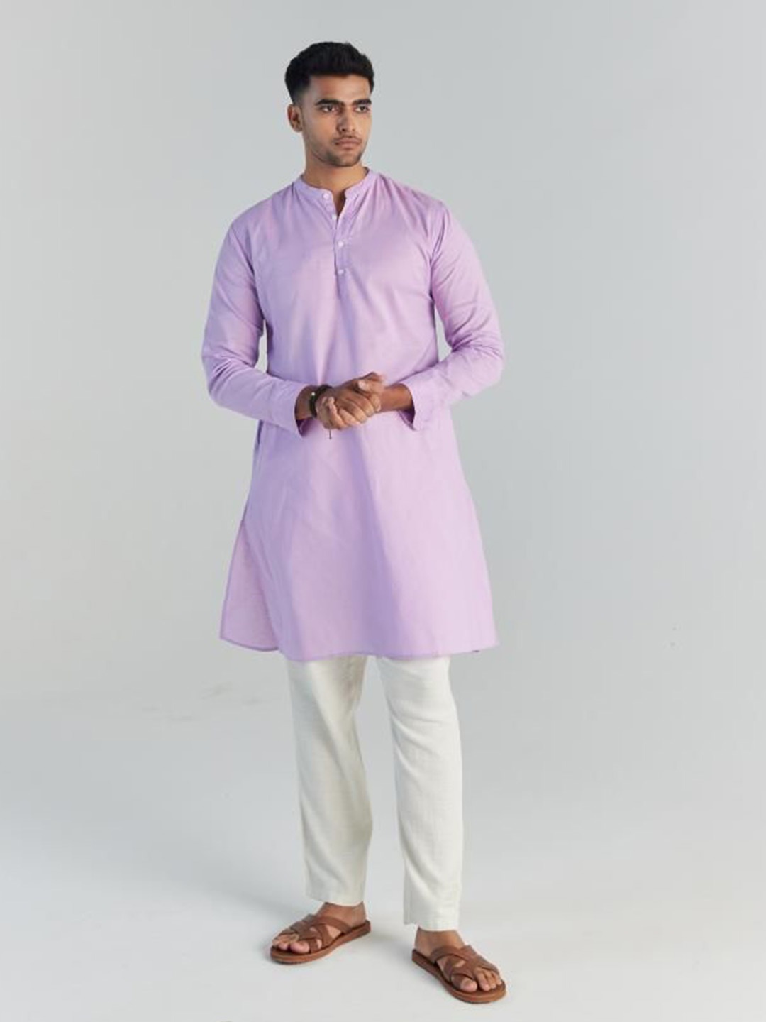 

SAADAA Mandarin Collar Cotton Linen Straight Kurta, Purple