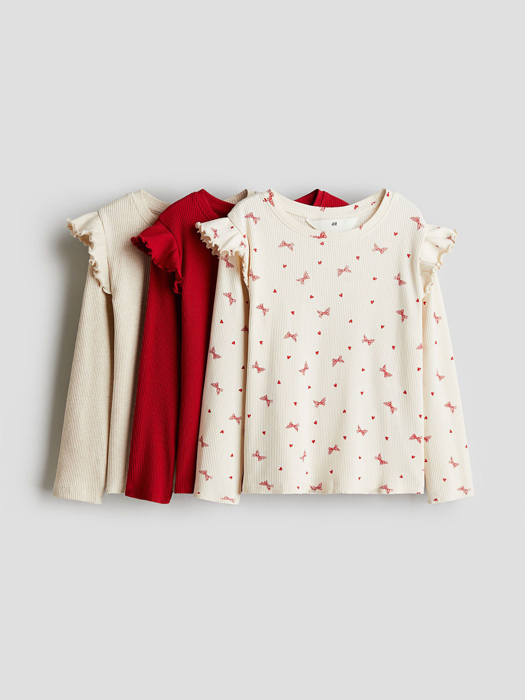 

H&M Girls Pack Of 3 Frill-Trimmed Jersey Tops, Red