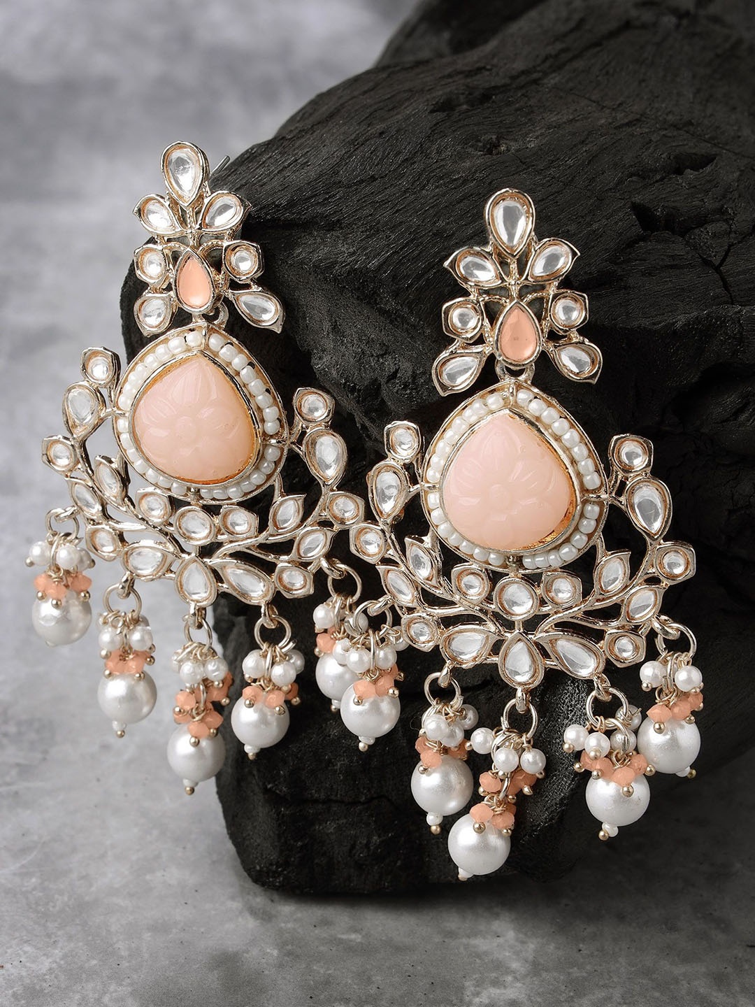

KARATCART Rose Gold-Plated Kundan Stone Studded & Beaded Contemporary Drop Earrings