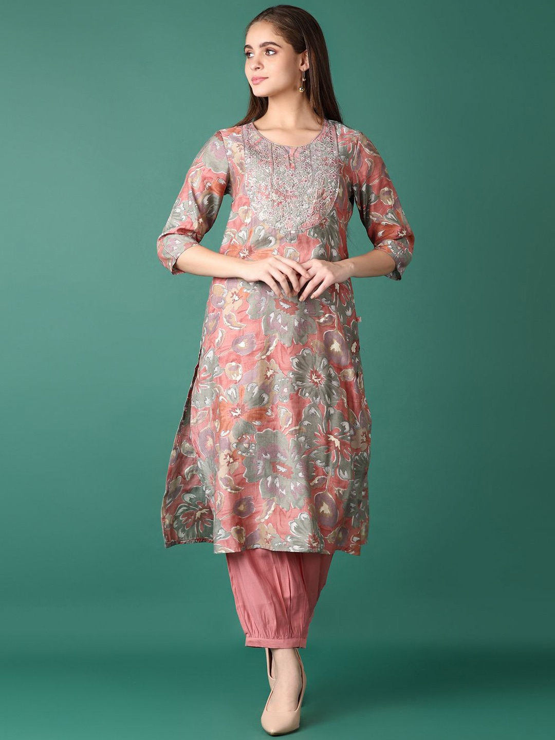 

V-Mart Floral Printed Round Neck Zari Pure Cotton Straight Kurta With Salwar, Pink