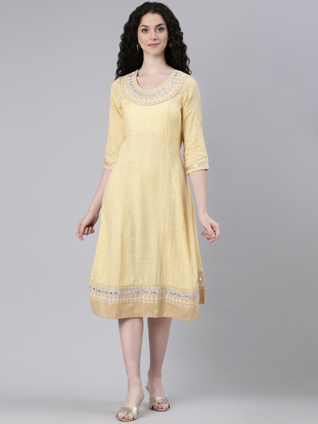 

Souchii Embroidered Round Neck Ethnic Dresses, Yellow