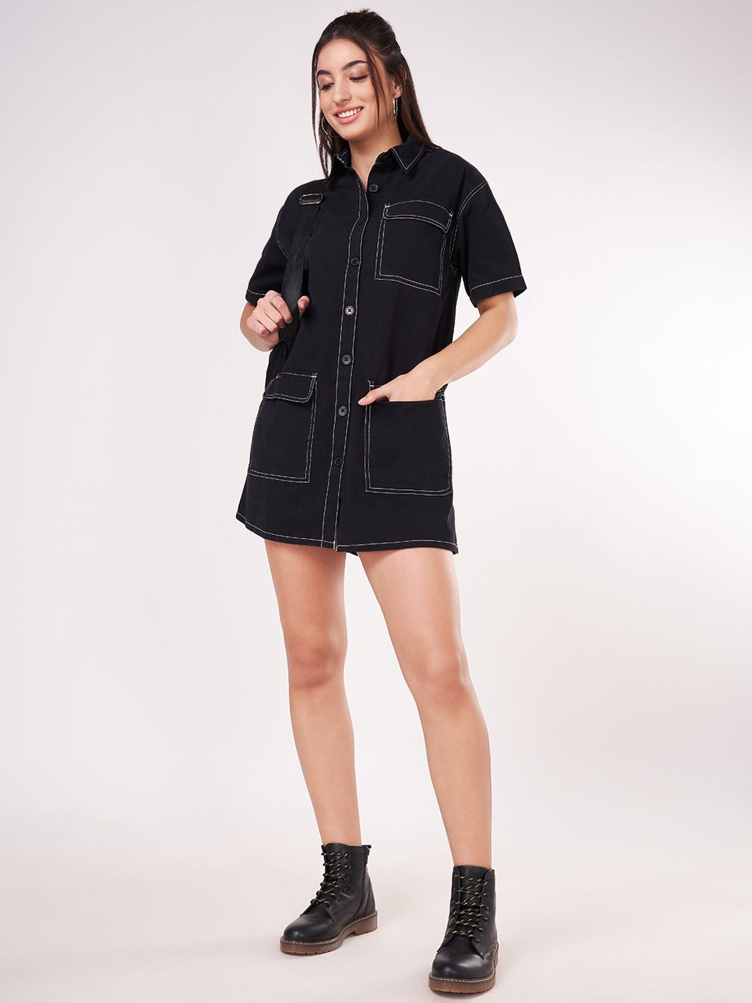 

People Shirt Collar Cotton Shirt Dress, Black