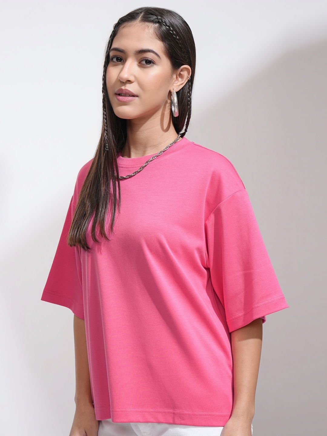 

Street By Tokyo Talkies Women Solid Round Neck Cotton Relaxed Fit T-shirt, Pink