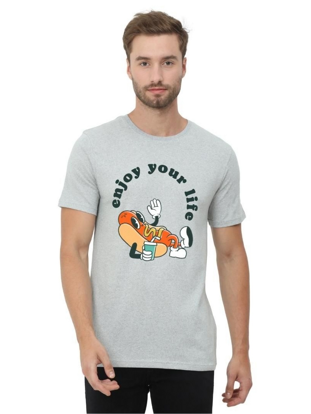 

ECOLINE Clothing Men Bio Finish Graphic Printed Round Neck Cotton T-shirt, Grey