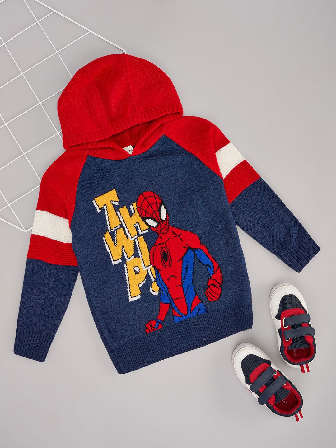 

Pantaloons Junior Boys Superhero Printed Hooded Pullover Sweater, Navy blue