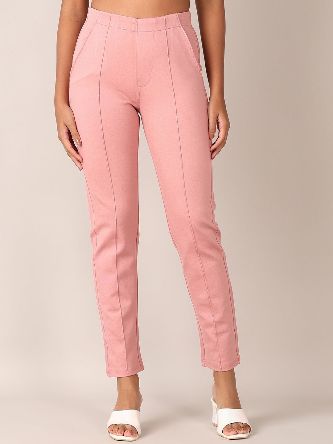 

V-Mart Women Cotton Mid-Rise Cigarette Trousers, Peach