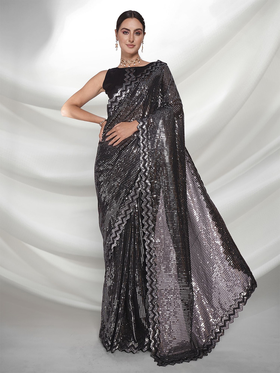 

Mitera Embellished Sequinned Pure Chiffon Ready to Wear Saree, Black