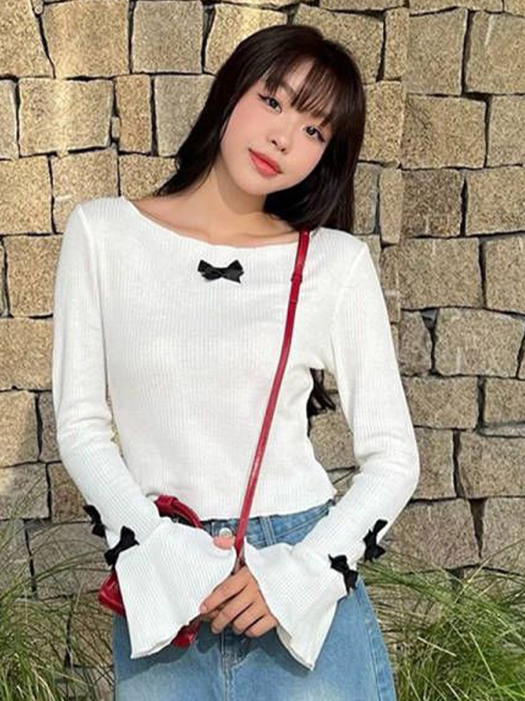 

HERE&NOW Women Boat Neck Bell Sleeve Top, White