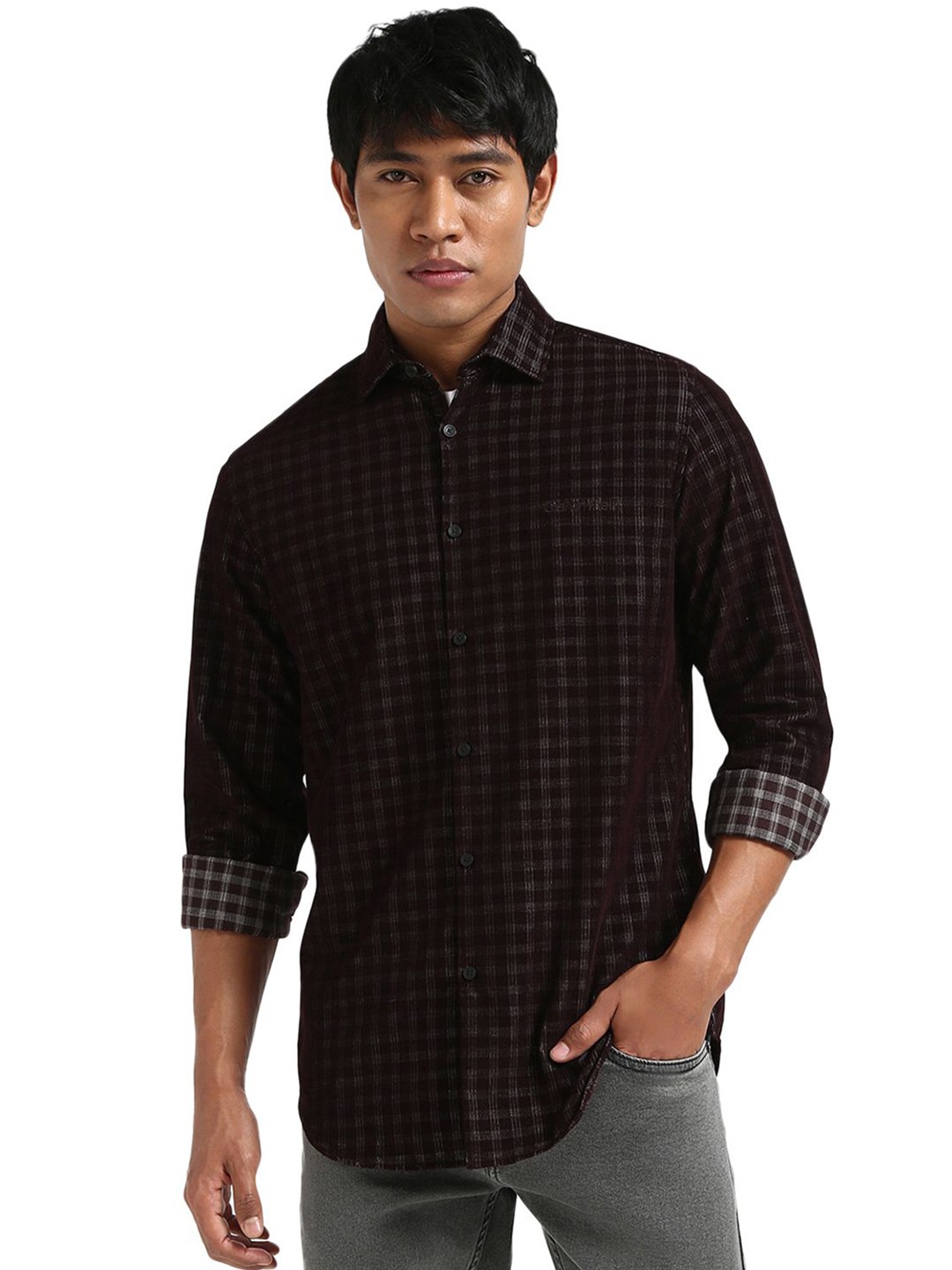 

Calvin Klein Jeans Men Spread Collar Micro Checked Cotton Slim Fit Casual Shirt, Brown