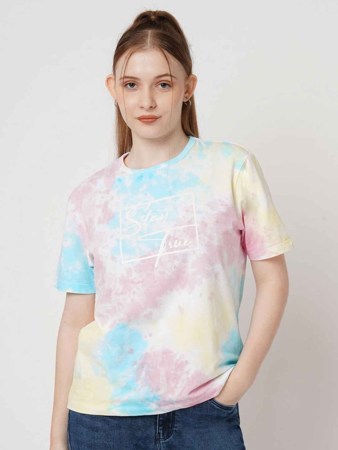 

Kraus Jeans Women Dyed Round Neck Cotton Slim Fit T-shirt, Pink