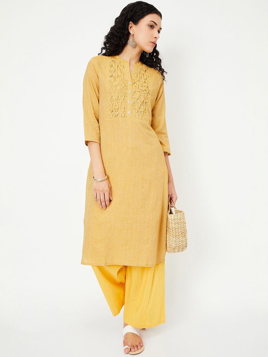

max Abstract Woven Design Mandarin Collar Cotton Straight Kurta, Yellow