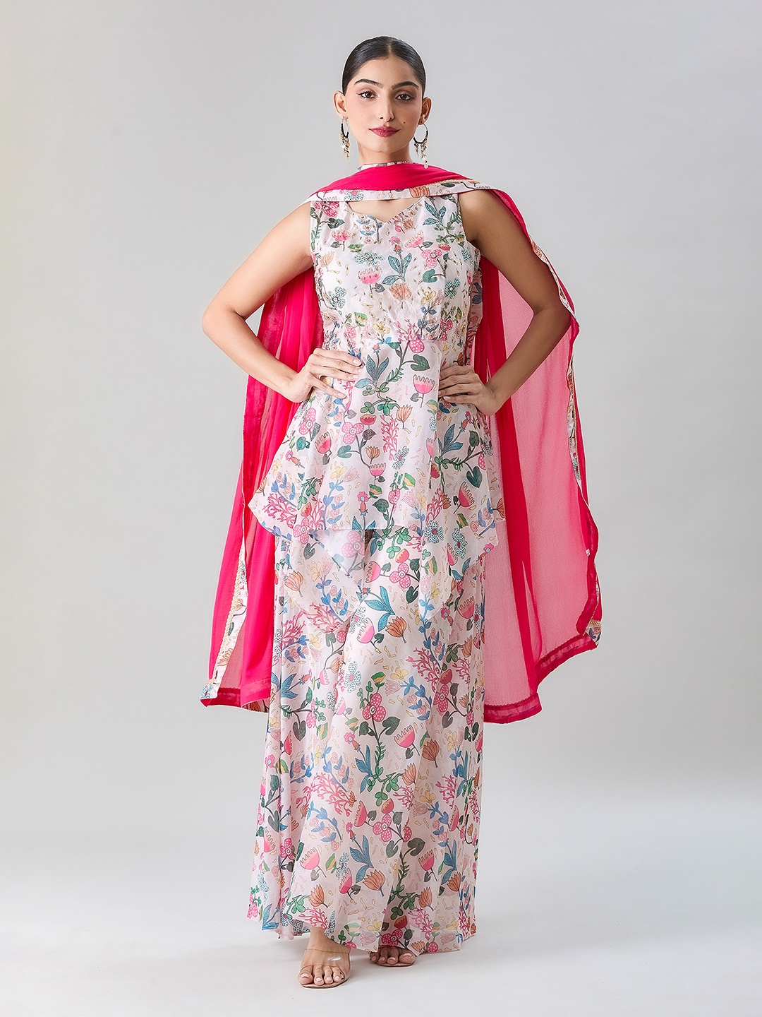 

Samyukta Singhania Floral Printed A Line Kurti with Palazzos & Dupatta, Pink