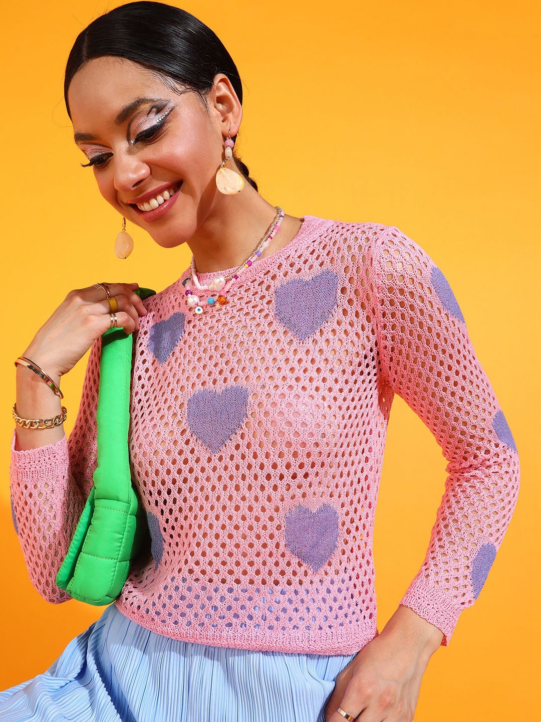 

SHECZZAR Self Design Cotton Crop Top, Pink