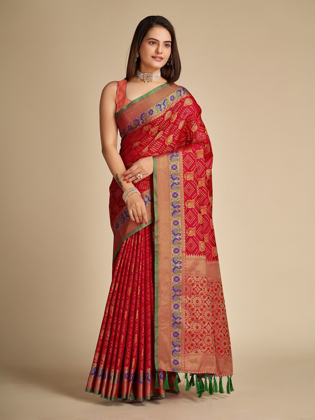 

Suha Woven Design Zari Pure Silk Patola Saree, Red