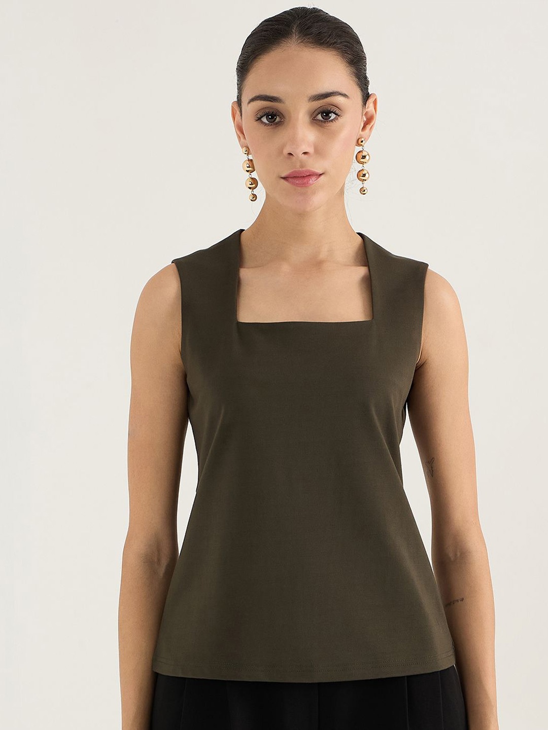 

FEMMELLA Women Square Neck Sleeveless Styled Back Top, Olive