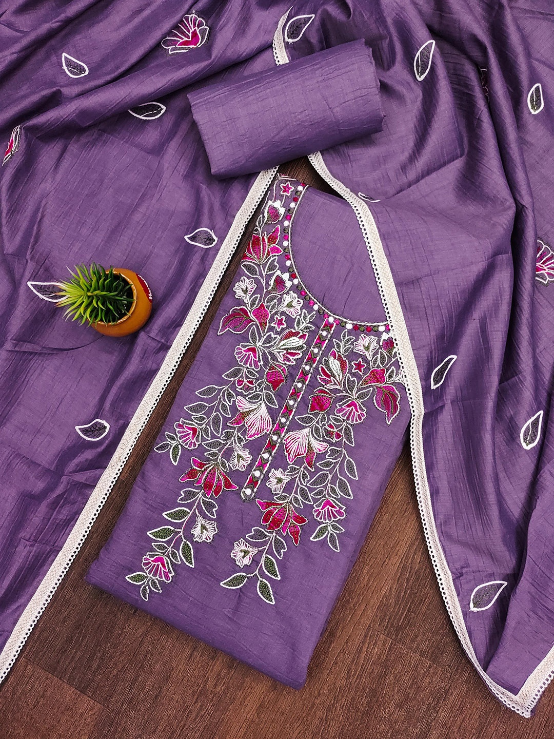 

KALINI Floral Embroidered Pure Cotton Unstitched Dress Material, Purple