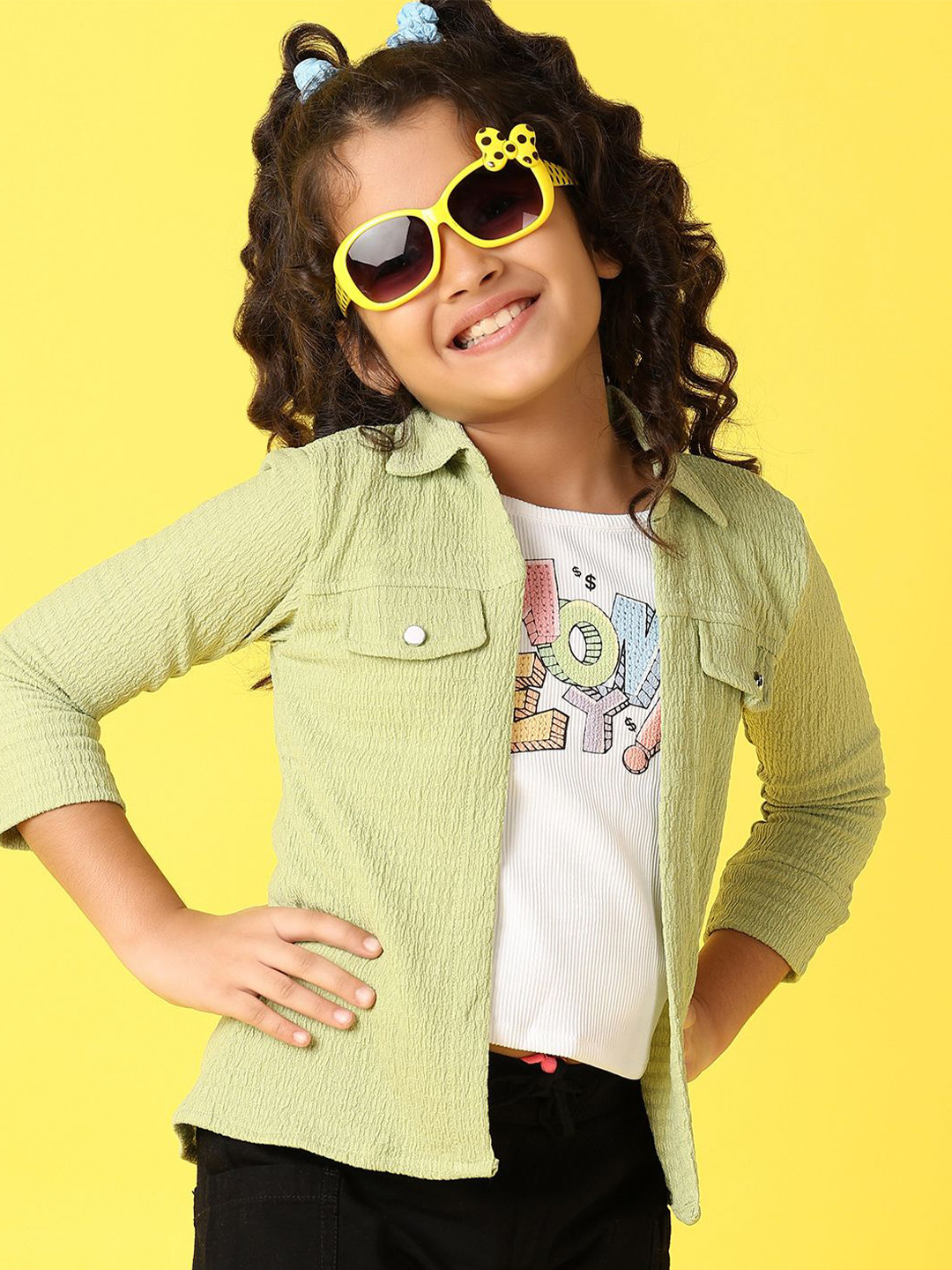 

V-Mart Girls Shirt Collar Three-Quarter Sleeves Cotton Shirt Style Top, Green