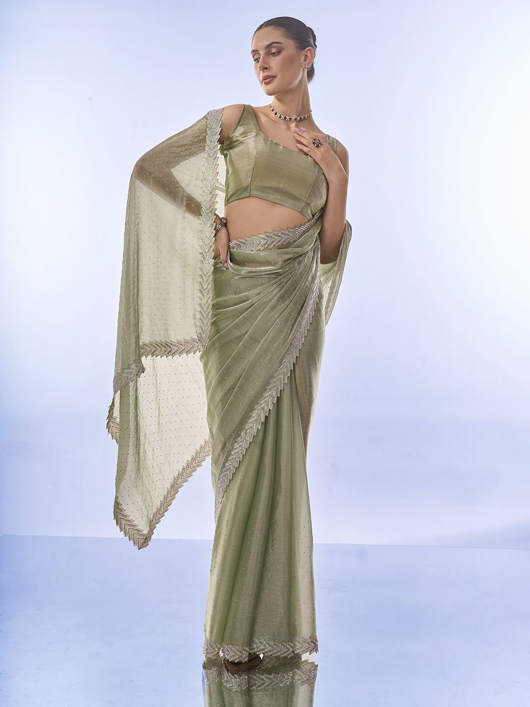 

Mitera Embelished Beads and Stones Organza Ready to Wear Saree, Sea green