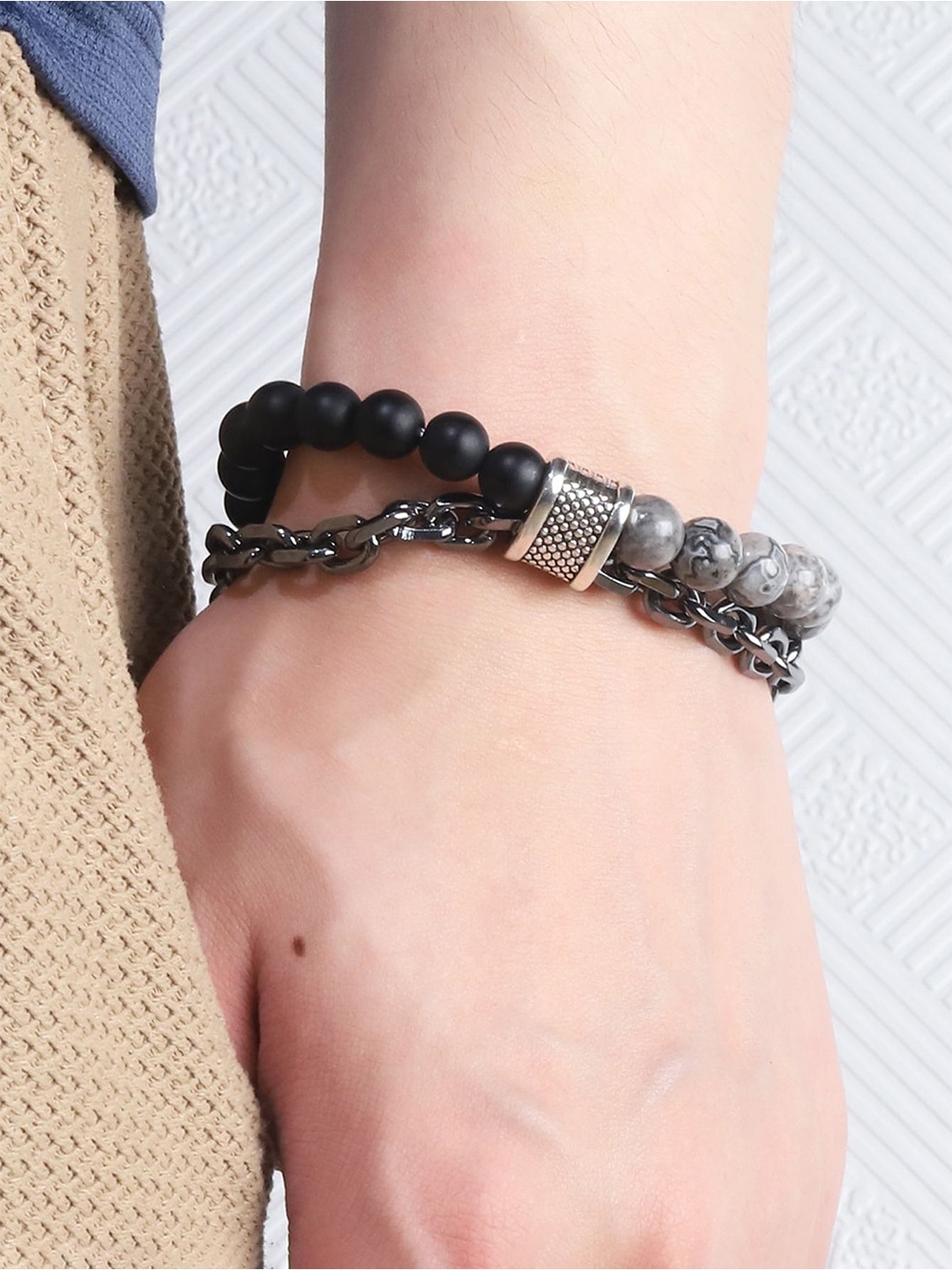 

Designs & You Men Silver Plated Spiritual Beaded Wraparound Bracelet, Black