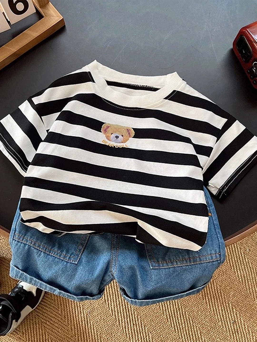 

TrendyKid Boys Striped Round Neck Short Sleeves T-Shirt & Shorts, Black