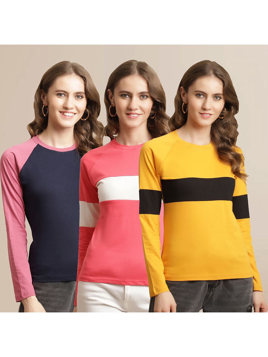 

Metronaut Women Pack Of 3 Colourblocked Round Neck Cotton T-shirts, Yellow