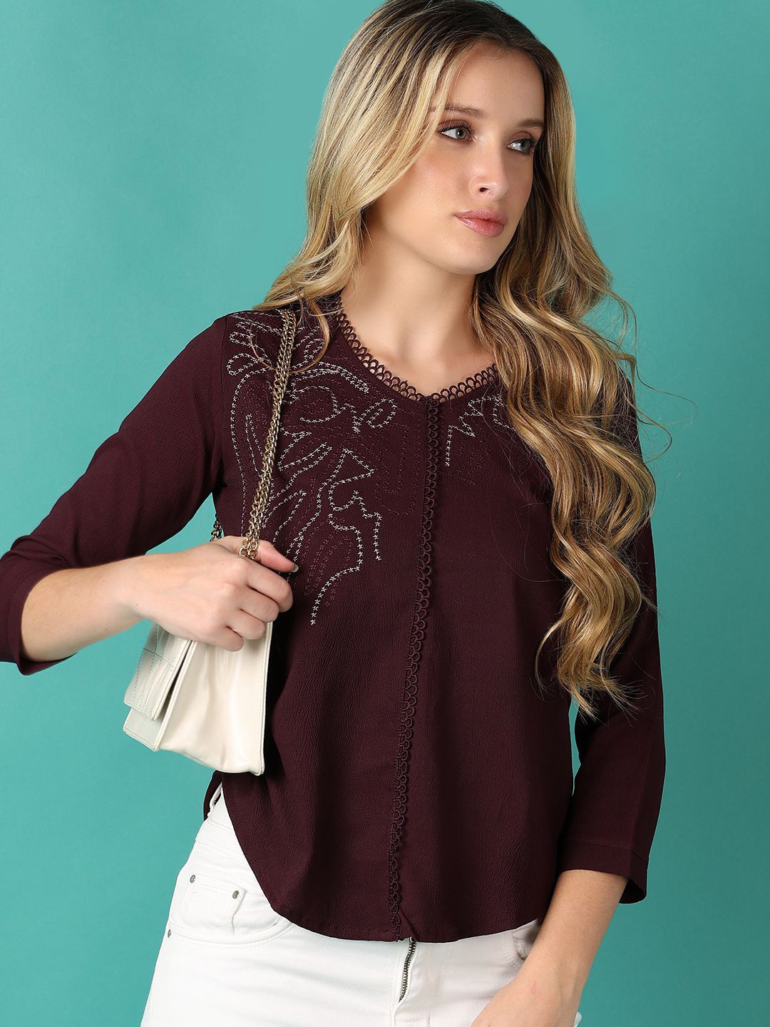 

V-Mart Women Cotton V-Neck Embroidered Casual Top, Maroon