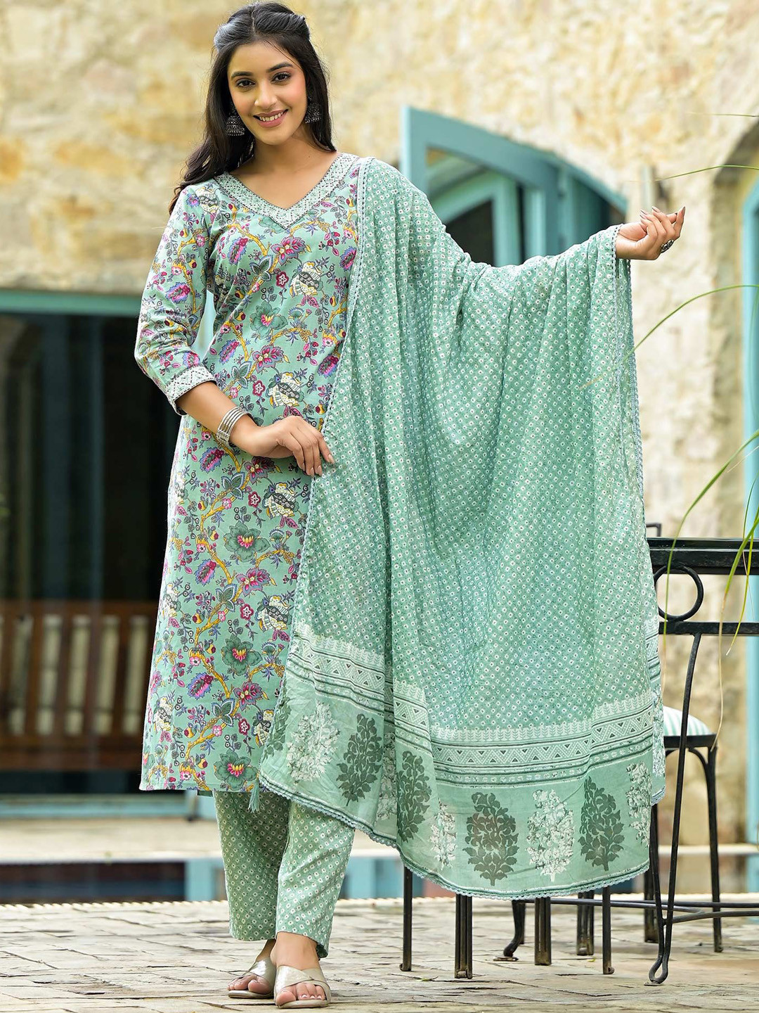 

Peachmode V-Neck Floral Printed Pure Cotton Straight Kurta with Trouser & Dupatta, Green