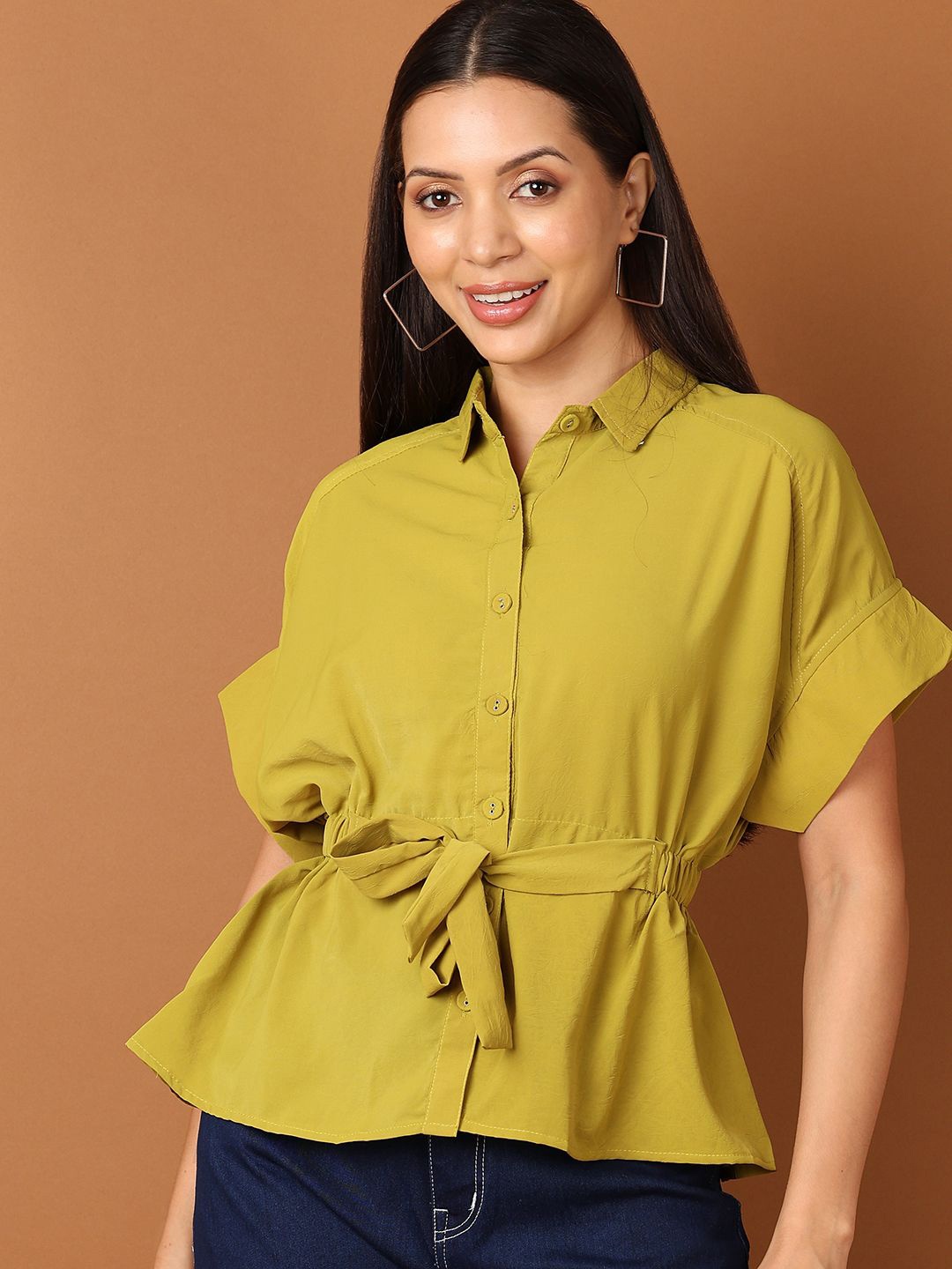 

V-Mart Women Shirt Collar Extended Sleeves Shirt Style Top, Green