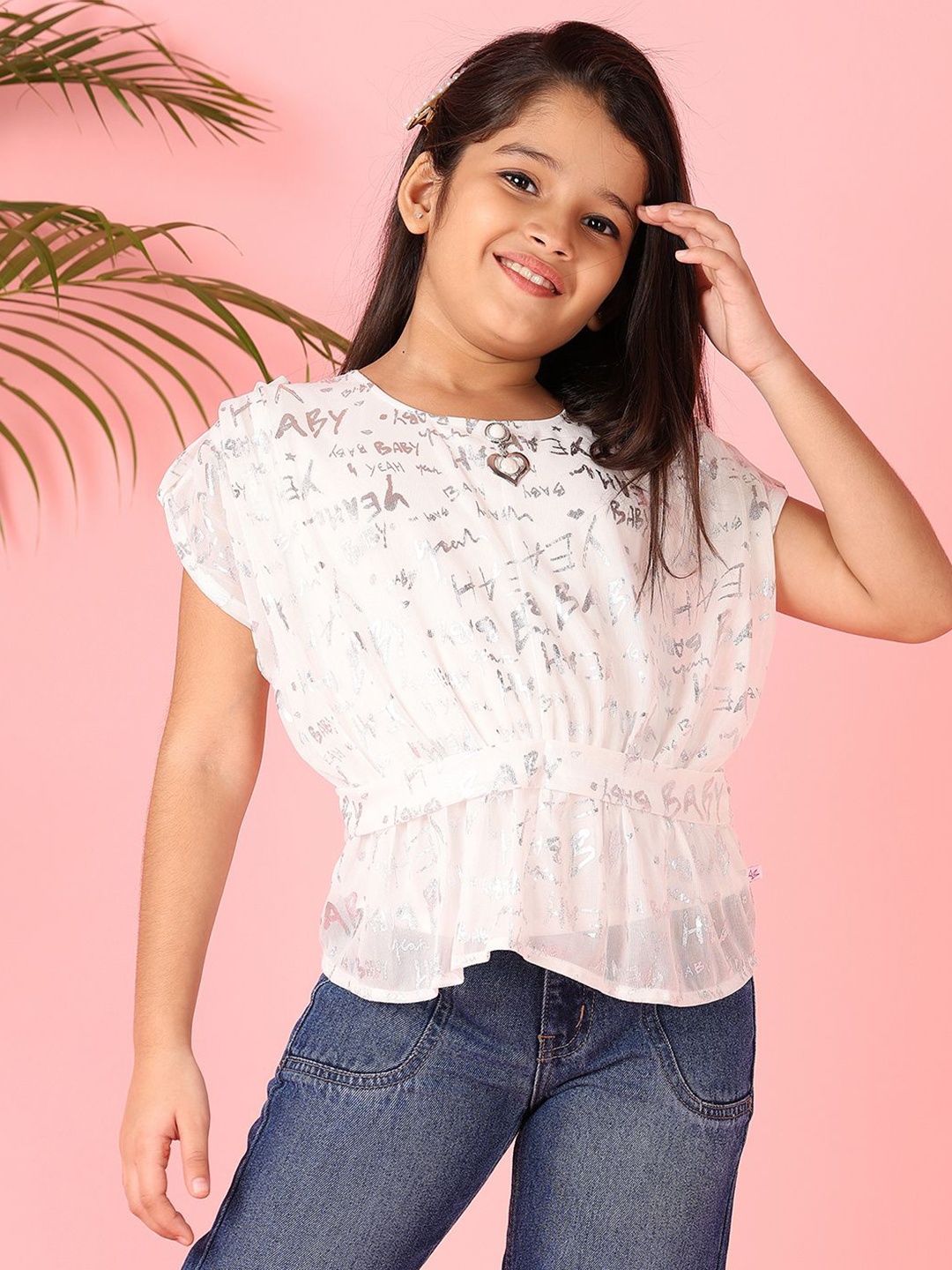 

V-Mart Girls Cotton Cinched Waist Top, White