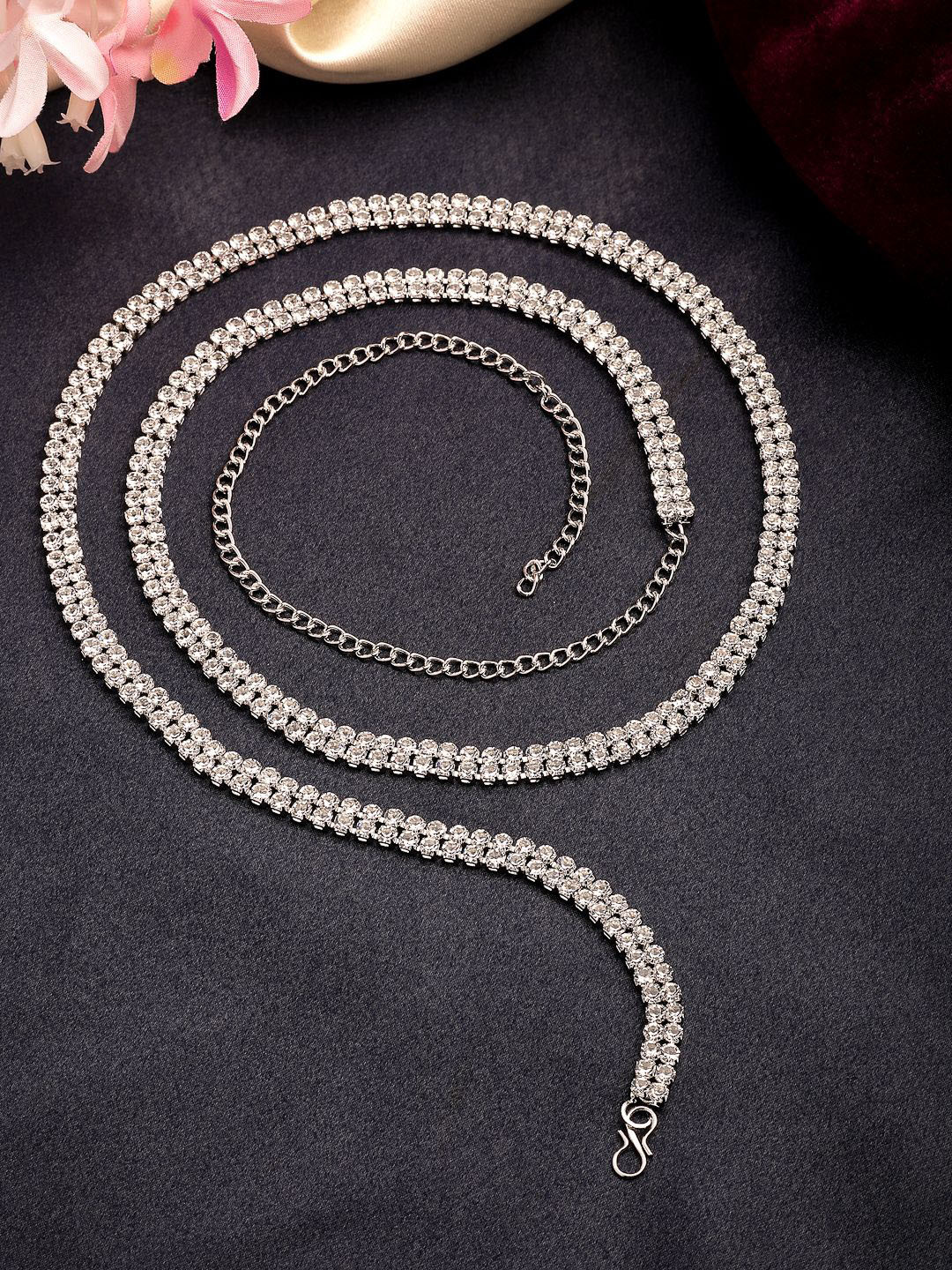 

NVR Silver-Plated Cubic Zirconia Studded Waist Chain Saree Accessories