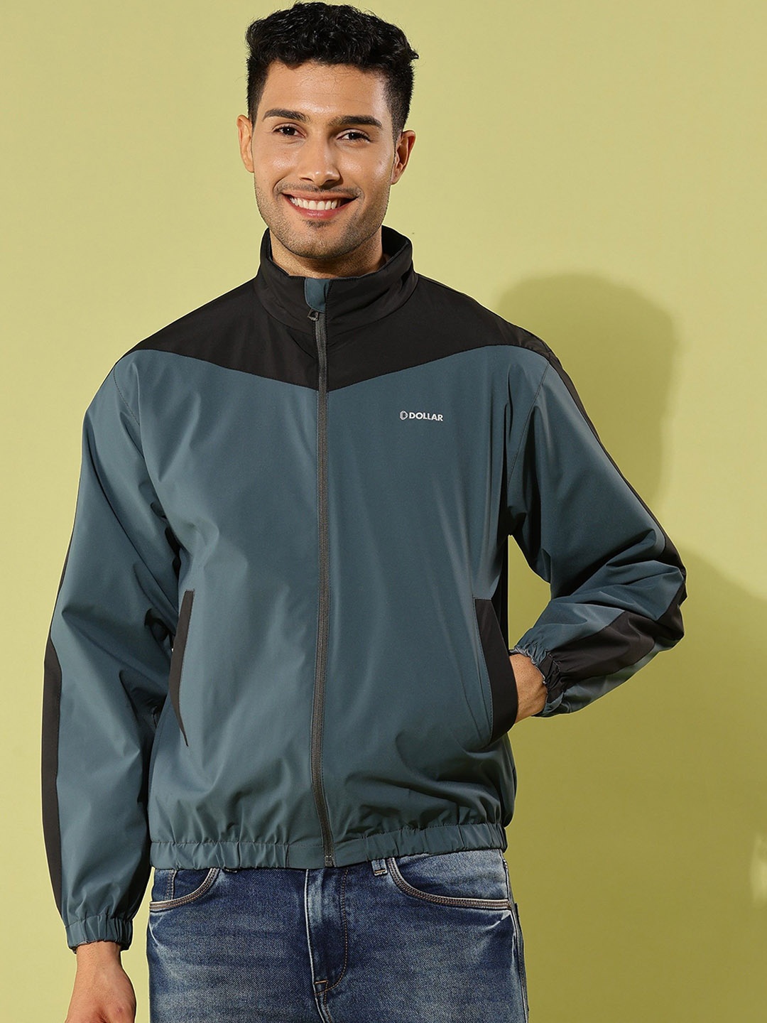 

Dollar Men Mock Collar Colourblocked Casual Bomber Jacket, Sea green