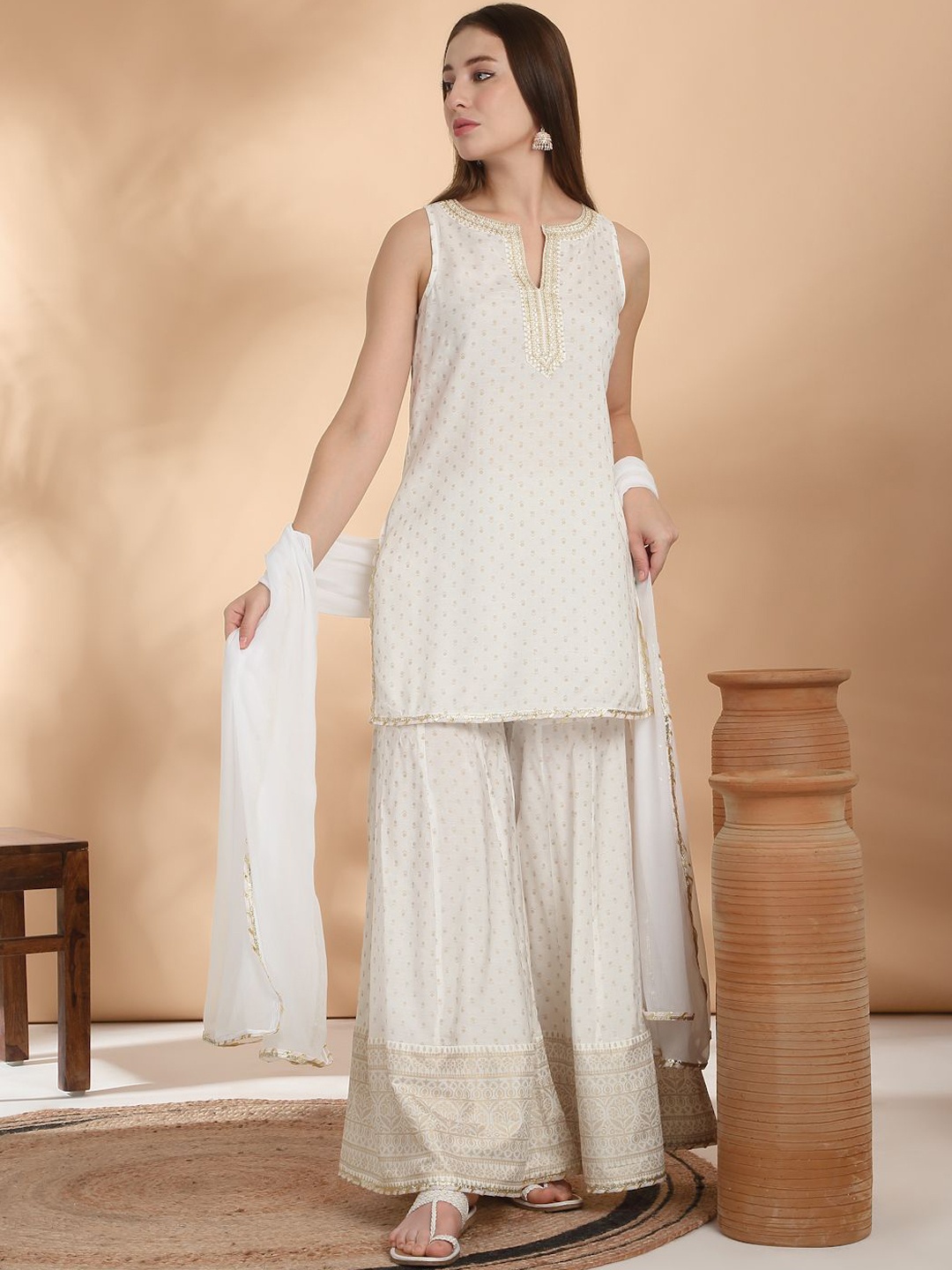 

Likha Ethnic Motifs Printed Sequinned Kurta with Sharara & Dupatta, Off white